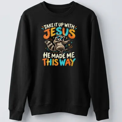 Vintage cartoon of a dancing raccoon with humorous text above it — printed on a unisex sweatshirt
