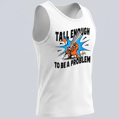 Cartoon character with a sword below bold text on humorous — printed on a tank top