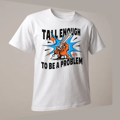 Cartoon character with a sword below bold text on humorous — printed on a unisex t-shirt (angled view)