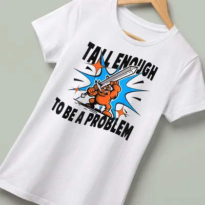Cartoon character with a sword below bold text on humorous — printed on a women's shirt