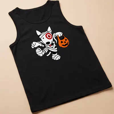 Cartoon mummy dog t-shirt in black, white, orange, and red for Halloween. — printed on a tank top