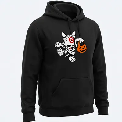Cartoon mummy dog t-shirt in black, white, orange, and red for Halloween. — printed on a unisex hoodie