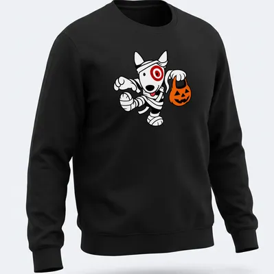 Cartoon mummy dog t-shirt in black, white, orange, and red for Halloween. — printed on a unisex sweatshirt