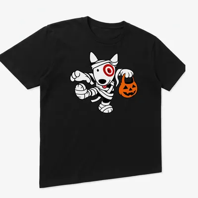 Cartoon mummy dog t-shirt in black, white, orange, and red for Halloween. — printed on a unisex t-shirt (angled view)