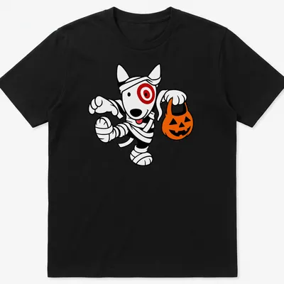 Cartoon mummy dog t-shirt in black, white, orange, and red for Halloween.