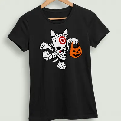 Cartoon mummy dog t-shirt in black, white, orange, and red for Halloween. — printed on a women's shirt