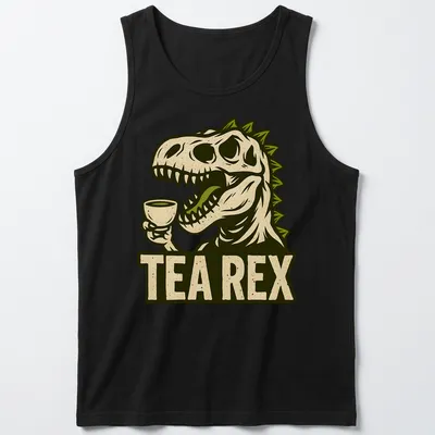 Vintage illustration of a T-Rex dinosaur holding a teacup with text 'TEA REX' above. — printed on a tank top