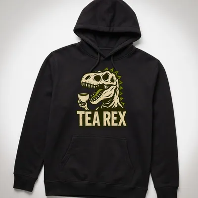 Vintage illustration of a T-Rex dinosaur holding a teacup with text 'TEA REX' above. — printed on a unisex hoodie