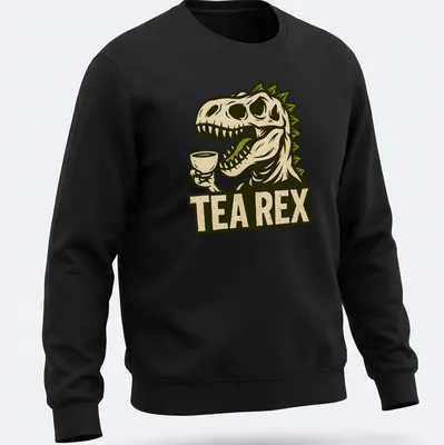 Vintage illustration of a T-Rex dinosaur holding a teacup with text 'TEA REX' above. — printed on a unisex sweatshirt