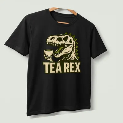 Vintage illustration of a T-Rex dinosaur holding a teacup with text 'TEA REX' above. — printed on a unisex t-shirt (angled view)
