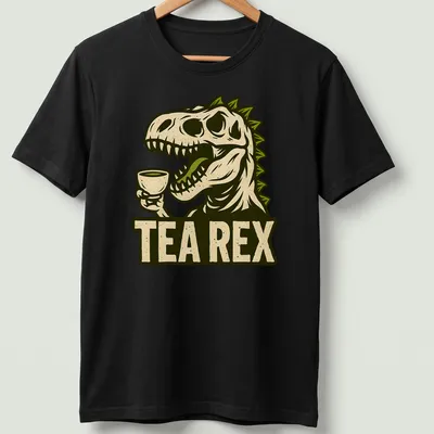 Vintage illustration of a T-Rex dinosaur holding a teacup with text 'TEA REX' above.
