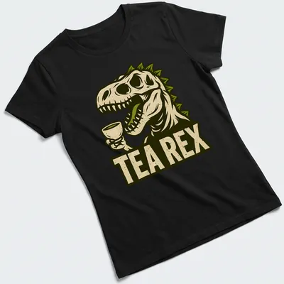 Vintage illustration of a T-Rex dinosaur holding a teacup with text 'TEA REX' above. — printed on a women's shirt