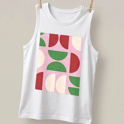 Modern geometric design with textured semicircle shapes in shades of pink and green — printed on a tank top