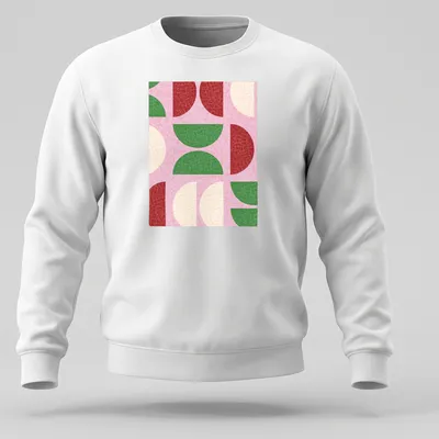 Modern geometric design with textured semicircle shapes in shades of pink and green — printed on a unisex sweatshirt