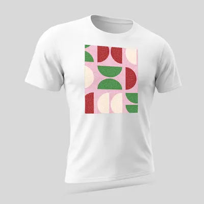 Modern geometric design with textured semicircle shapes in shades of pink and green — printed on a unisex t-shirt (angled view)