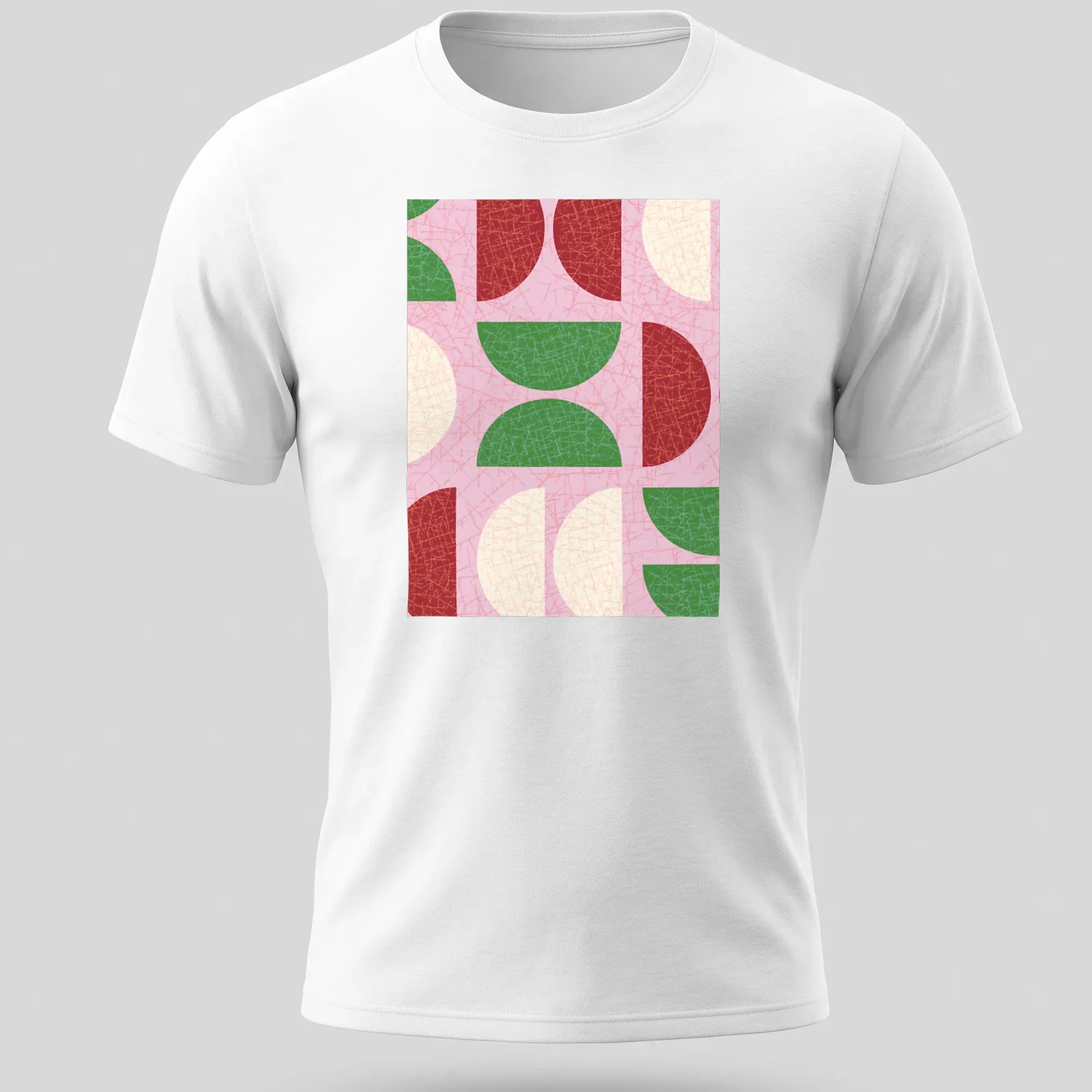 Modern geometric design with textured semicircle shapes in shades of pink and green — printed on a unisex t-shirt