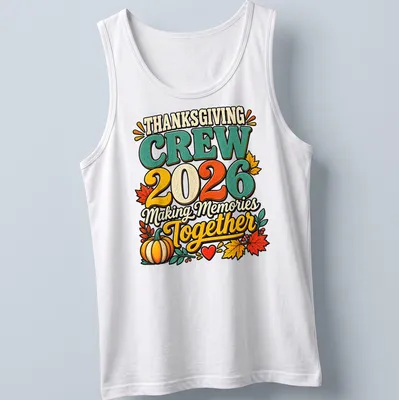 Vintage colorful Thanksgiving Crew shirt with pumpkin and autumn leaves design — printed on a tank top