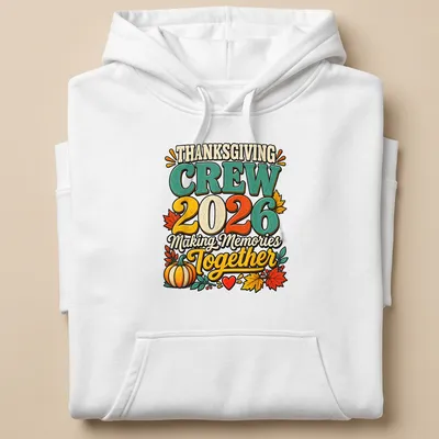 Vintage colorful Thanksgiving Crew shirt with pumpkin and autumn leaves design — printed on a unisex hoodie