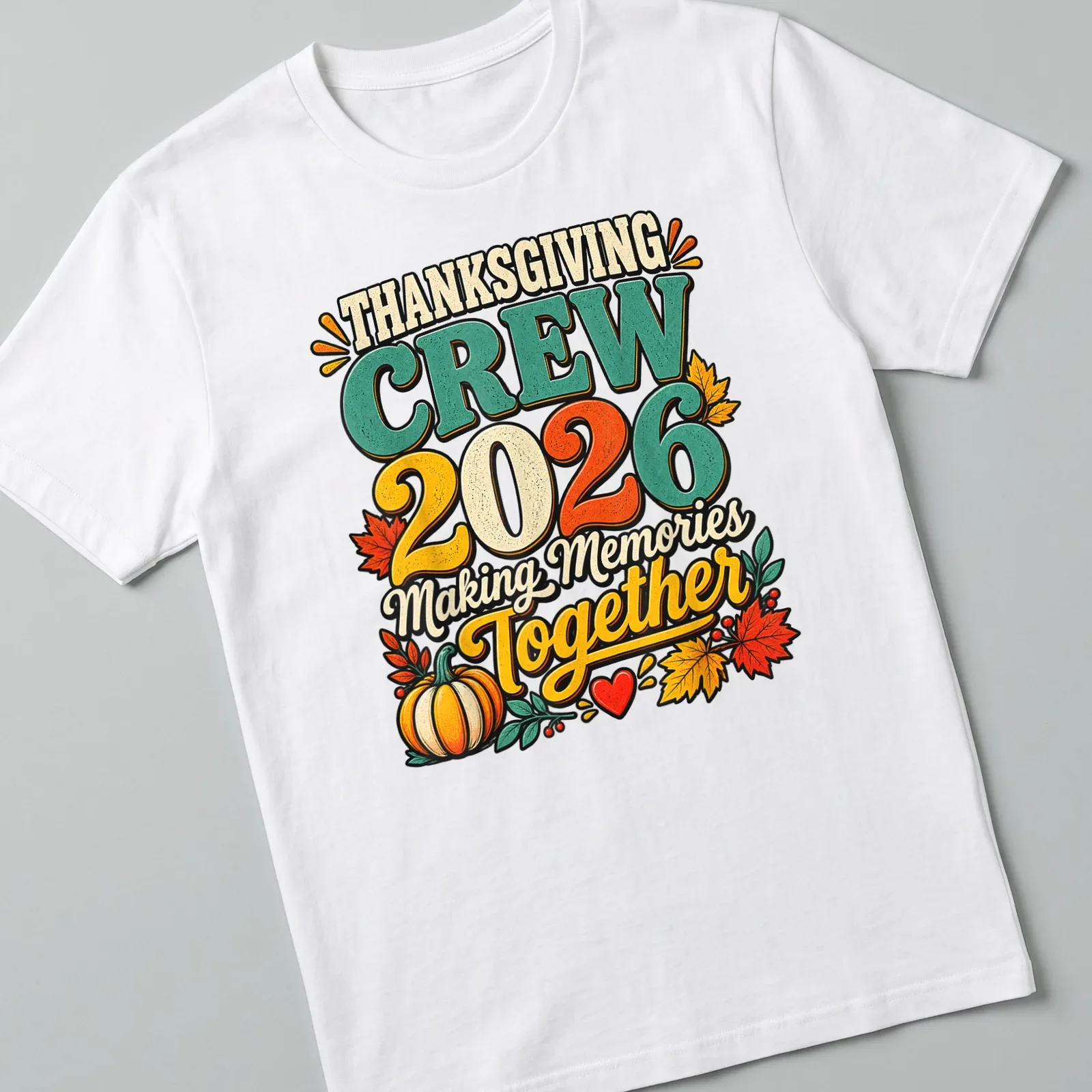 Vintage colorful Thanksgiving Crew shirt with pumpkin and autumn leaves design — printed on a unisex t-shirt