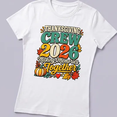 Vintage colorful Thanksgiving Crew shirt with pumpkin and autumn leaves design — printed on a women's shirt
