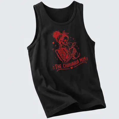 Vintage illustration of a skeleton woman with her Chihuahua, featuring bold lettering above — printed on a tank top