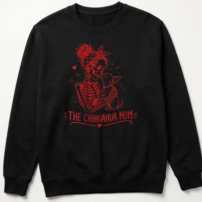 Vintage illustration of a skeleton woman with her Chihuahua, featuring bold lettering above — printed on a unisex sweatshirt
