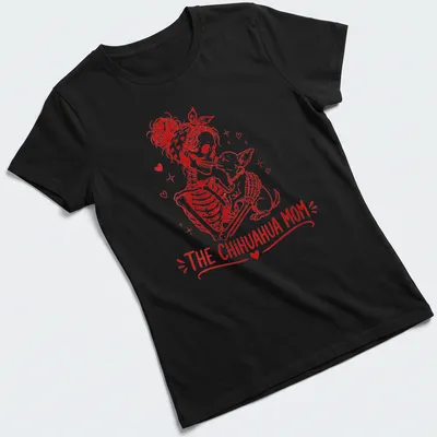 Vintage illustration of a skeleton woman with her Chihuahua, featuring bold lettering above — printed on a women's shirt