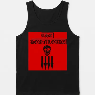 Bold graphic of a pirate skull with red and black text reading 'THE DOWNLOADZ' — printed on a tank top