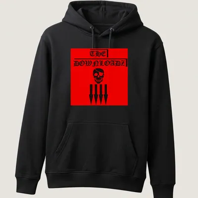 Bold graphic of a pirate skull with red and black text reading 'THE DOWNLOADZ' — printed on a unisex hoodie