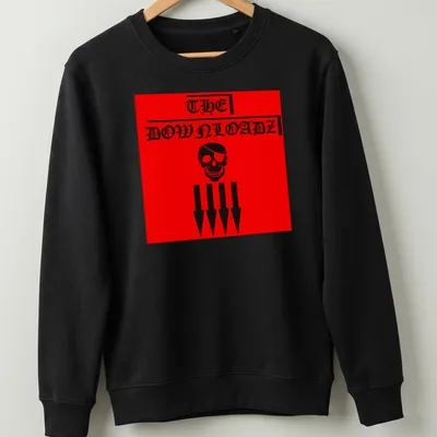 Bold graphic of a pirate skull with red and black text reading 'THE DOWNLOADZ' — printed on a unisex sweatshirt
