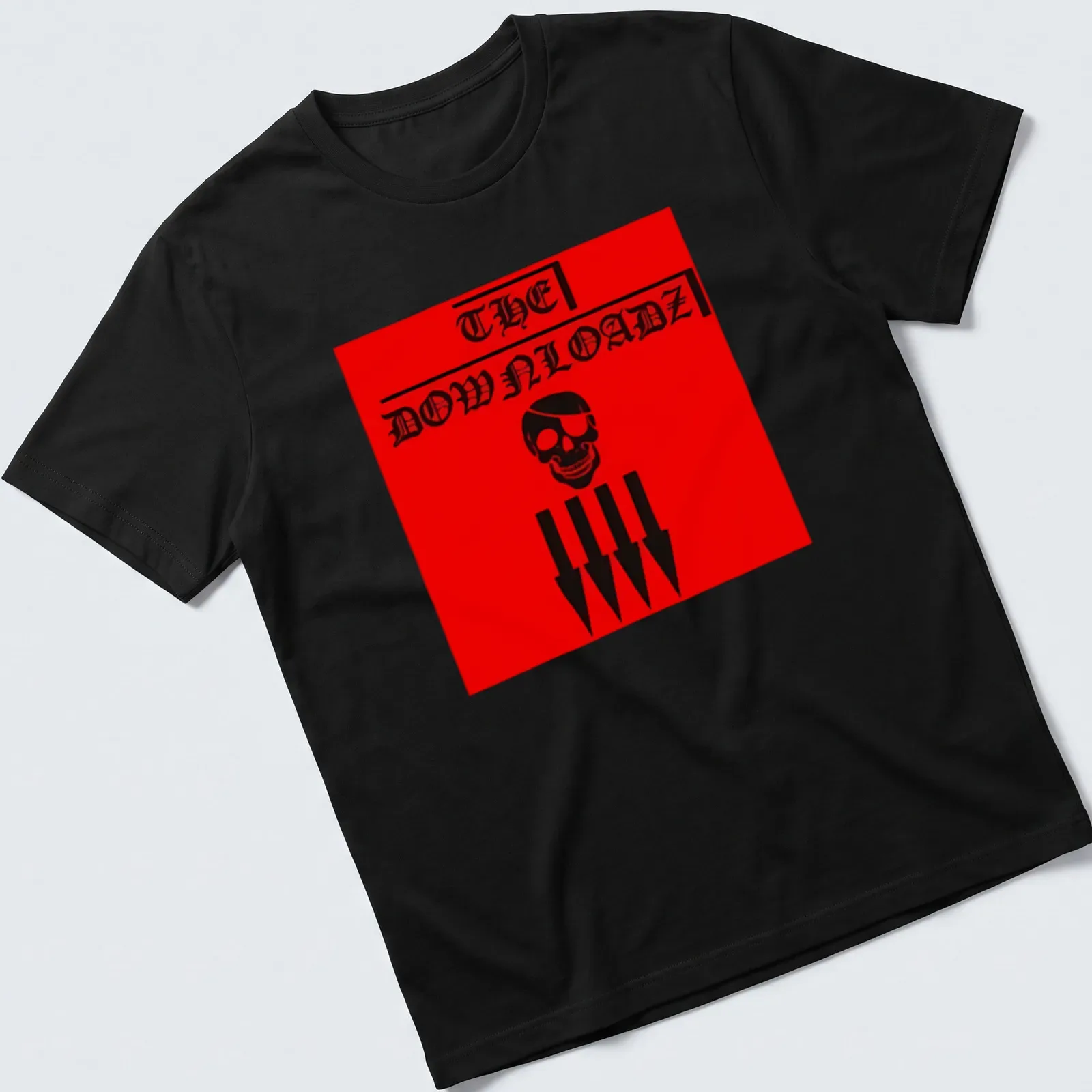 Bold graphic of a pirate skull with red and black text reading 'THE DOWNLOADZ' — printed on a unisex t-shirt