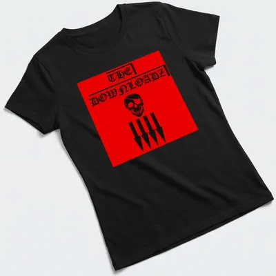 Bold graphic of a pirate skull with red and black text reading 'THE DOWNLOADZ' — printed on a women's shirt
