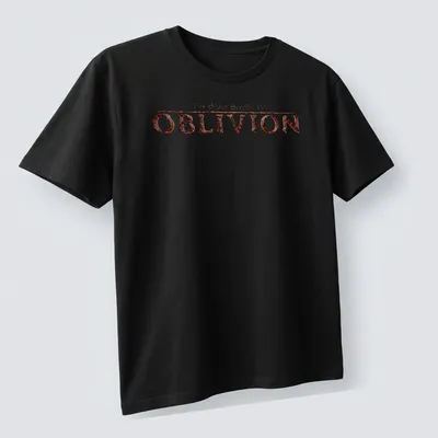 Fantasy game logo t-shirt featuring The Elder Scrolls IV Oblivion text — printed on a unisex t-shirt (angled view)