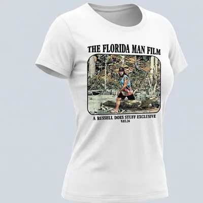 Cartoon graphic of a Florida man wrestling an alligator with colorful text — printed on a women's shirt