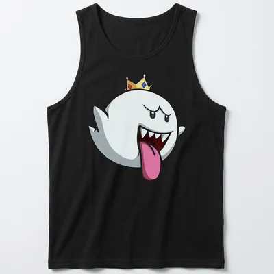 Cartoon Boo character wearing a crown in playful colors of white, black, red, yellow, and blue — printed on a tank top