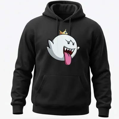 Cartoon Boo character wearing a crown in playful colors of white, black, red, yellow, and blue — printed on a unisex hoodie