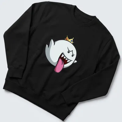 Cartoon Boo character wearing a crown in playful colors of white, black, red, yellow, and blue — printed on a unisex sweatshirt