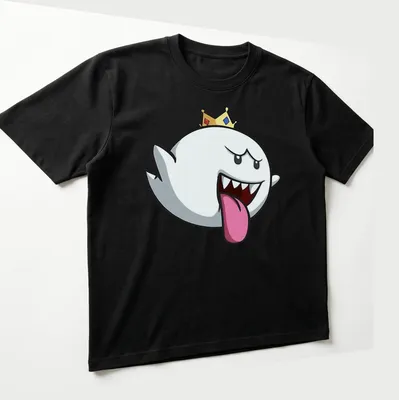 Cartoon Boo character wearing a crown in playful colors of white, black, red, yellow, and blue — printed on a unisex t-shirt (angled view)