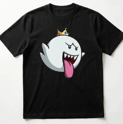 Cartoon Boo character wearing a crown in playful colors of white, black, red, yellow, and blue