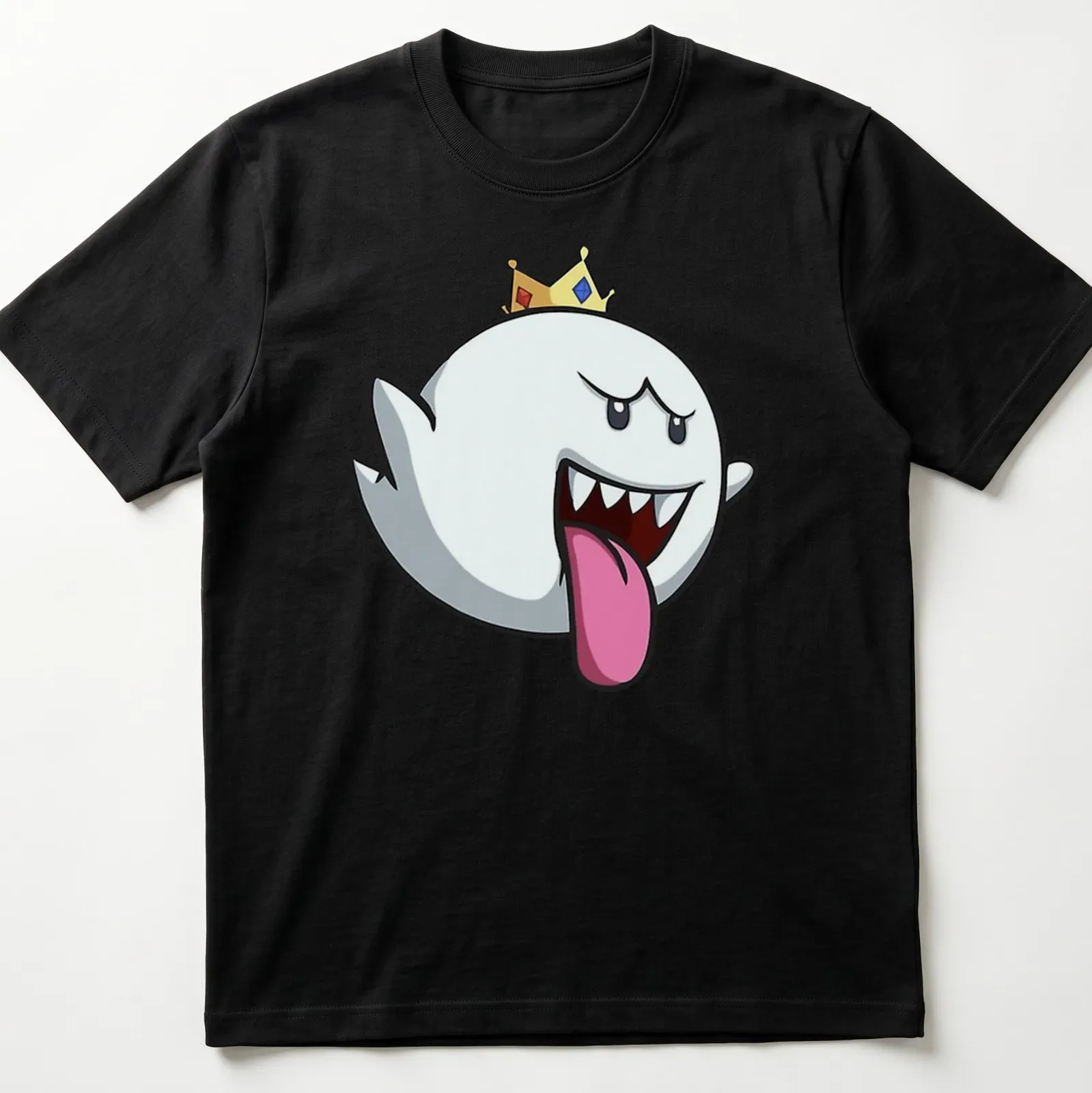 Cartoon Boo character wearing a crown in playful colors of white, black, red, yellow, and blue — printed on a unisex t-shirt