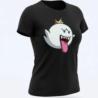 Cartoon Boo character wearing a crown in playful colors of white, black, red, yellow, and blue — printed on a women's shirt