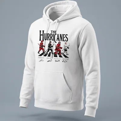 Hockey players in Abbey Road style with red, black, and white colors — printed on a unisex hoodie