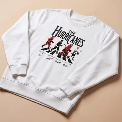 Hockey players in Abbey Road style with red, black, and white colors — printed on a unisex sweatshirt
