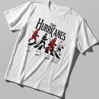Hockey players in Abbey Road style with red, black, and white colors — printed on a unisex t-shirt