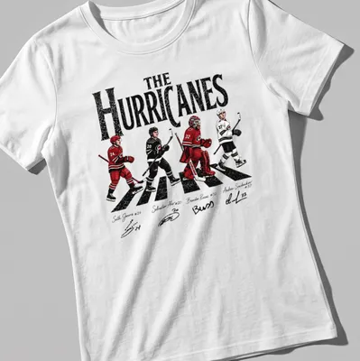 Hockey players in Abbey Road style with red, black, and white colors — printed on a women's shirt