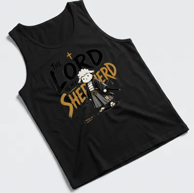 Kawaii illustration of a samurai sheep with Psalm 23 text in black, white, and gold — printed on a tank top