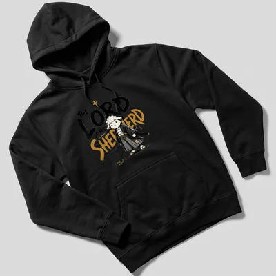 Kawaii illustration of a samurai sheep with Psalm 23 text in black, white, and gold — printed on a unisex hoodie
