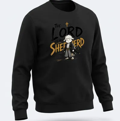 Kawaii illustration of a samurai sheep with Psalm 23 text in black, white, and gold — printed on a unisex sweatshirt