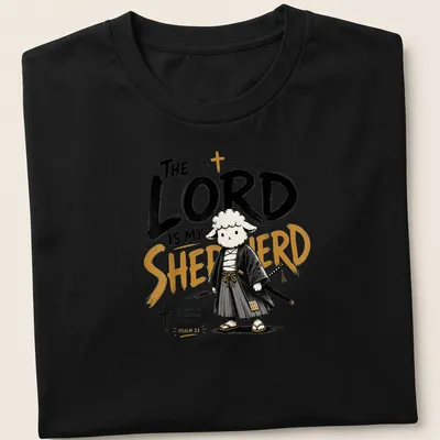 Kawaii illustration of a samurai sheep with Psalm 23 text in black, white, and gold