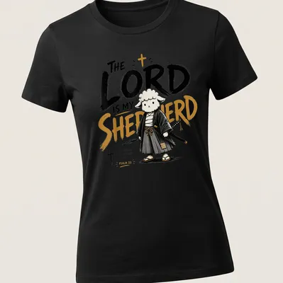 Kawaii illustration of a samurai sheep with Psalm 23 text in black, white, and gold — printed on a women's shirt